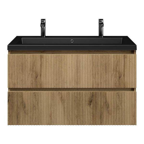 Texel Katwijk/Cadzand badmeubel 100x46 2 softclose laden met ribbel - latjes structuur warm eiken greeploos polystone wastafel mat zwart met 2 kraangaten