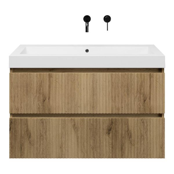 Texel Katwijk/Cadzand badmeubel 100x46 2 softclose laden met ribbel - latjes structuur warm eiken greeploos polystone wastafel wit zonder kraangaten