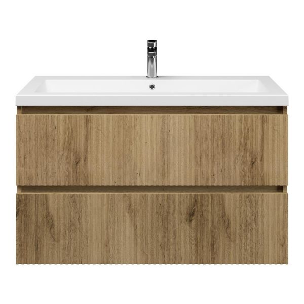 Texel Katwijk/Cadzand badmeubel 100x46 2 softclose laden met ribbel - latjes structuur warm eiken greeploos polystone wastafel mat wit met 1 kraangat