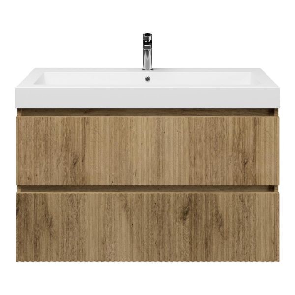 Texel Katwijk/Cadzand badmeubel 100x46 2 softclose laden met ribbel - latjes structuur warm eiken greeploos polystone wastafel wit met 1 kraangat