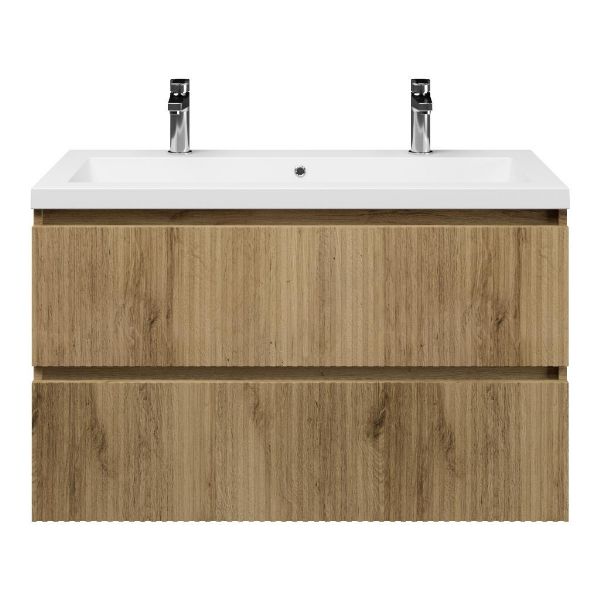 Texel Katwijk/Cadzand badmeubel 100x46 2 softclose laden met ribbel - latjes structuur warm eiken greeploos polystone wastafel wit met 2 kraangaten
