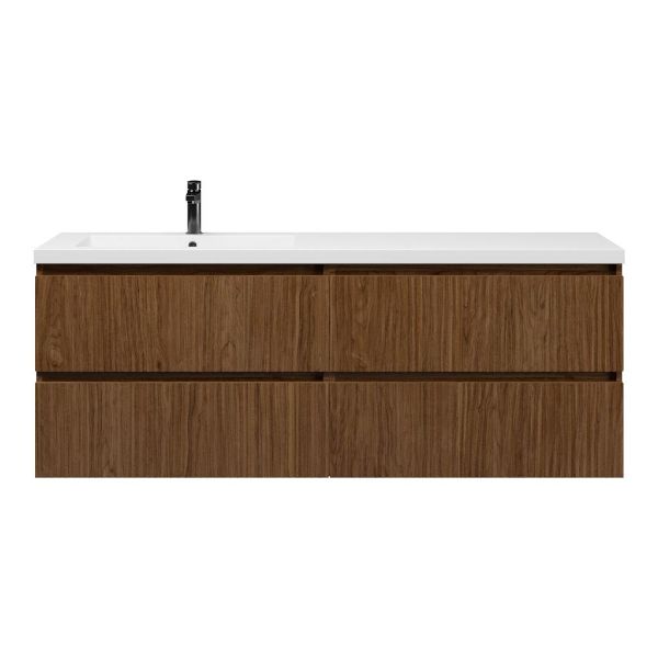 Texel Katwijk/Cadzand badmeubel 160x46 4 softclose laden met ribbel - latjes structuur warm noten greeploos polystone enkele wastafel links wit met 1 kraangat