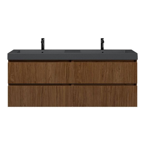 Texel Katwijk/Cadzand badmeubel 160x46 4 softclose laden met ribbel - latjes structuur warm noten greeploos polystone dubbele wastafel mat grijs 2 kraangaten