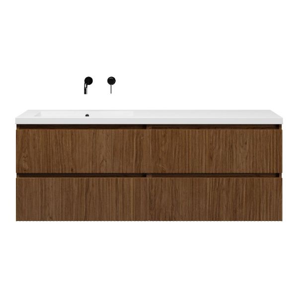 Texel Katwijk/Cadzand badmeubel 160x46 4 softclose laden met ribbel - latjes structuur warm noten greeploos polystone enkele wastafel links wit zonder kraangat