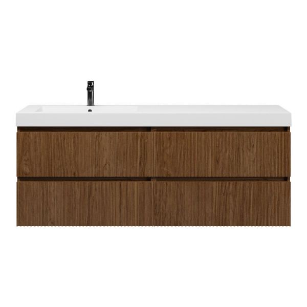 Texel Katwijk/Cadzand badmeubel 160x46 4 softclose laden met ribbel - latjes structuur warm noten greeploos polystone enkele wastafel links wit met 1 kraangat