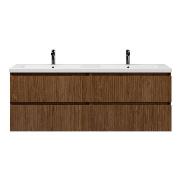 Texel Katwijk/Cadzand badmeubel 160x46 4 softclose laden met ribbel - latjes structuur warm noten greeploos polystone dubbele wastafel mat grijs 2 kraangaten