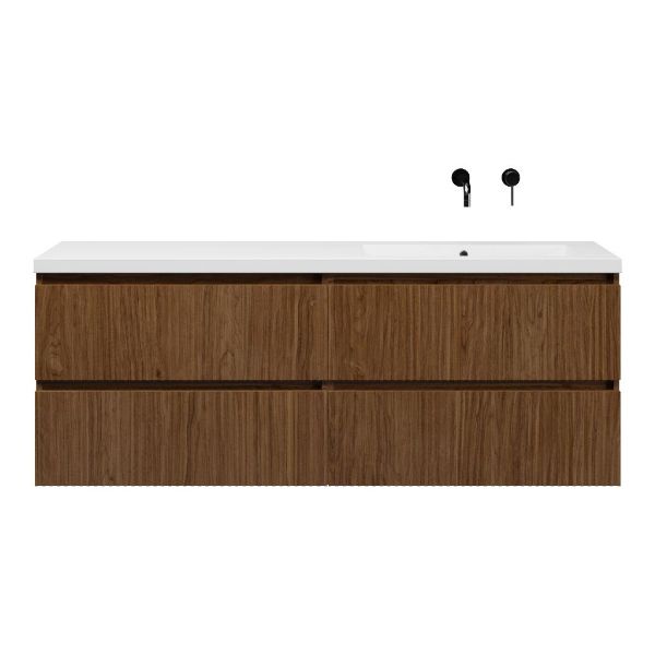 Texel Katwijk/Cadzand badmeubel 160x46 4 softclose laden met ribbel - latjes structuur warm noten greeploos polystone enkele wastafel rechts wit zonder kraangat