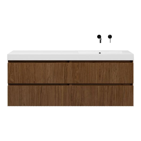 Texel Katwijk/Cadzand badmeubel 160x46 4 softclose laden met ribbel - latjes structuur warm noten greeploos polystone enkele wastafel rechts wit zonder kraangat