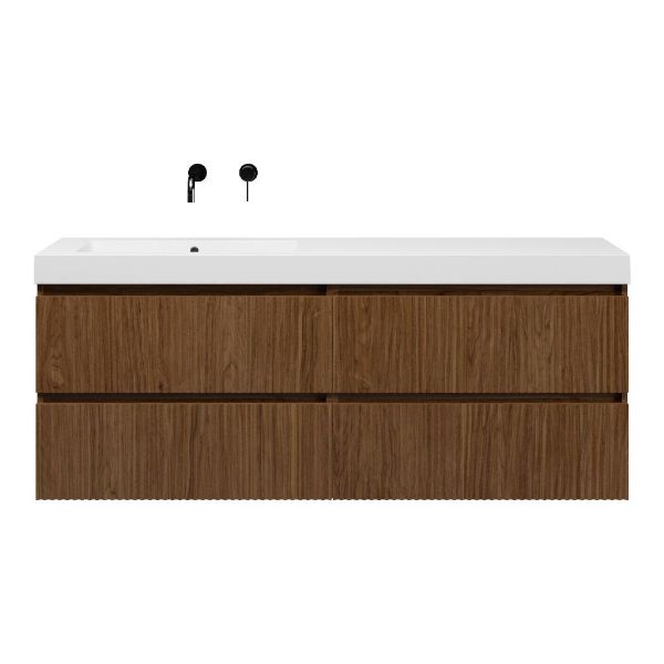 Texel Katwijk/Cadzand badmeubel 160x46 4 softclose laden met ribbel - latjes structuur warm noten greeploos polystone enkele wastafel links wit zonder kraangat