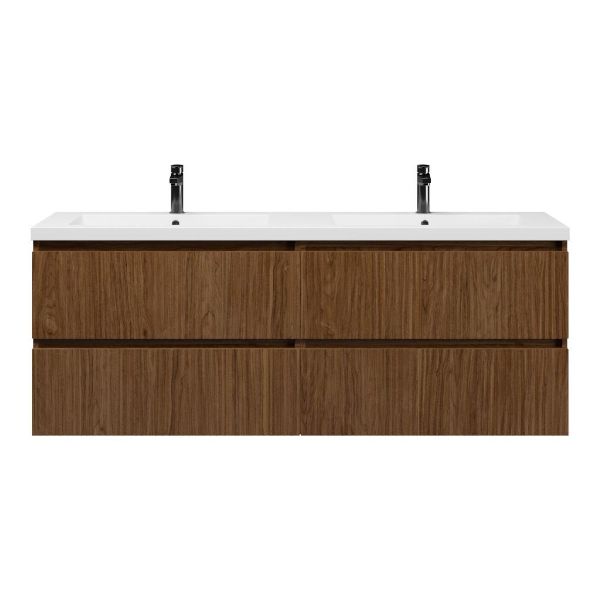 Texel Katwijk/Cadzand badmeubel 160x46 4 softclose laden met ribbel - latjes structuur warm noten greeploos polystone dubbele wastafel wit 2 kraangaten