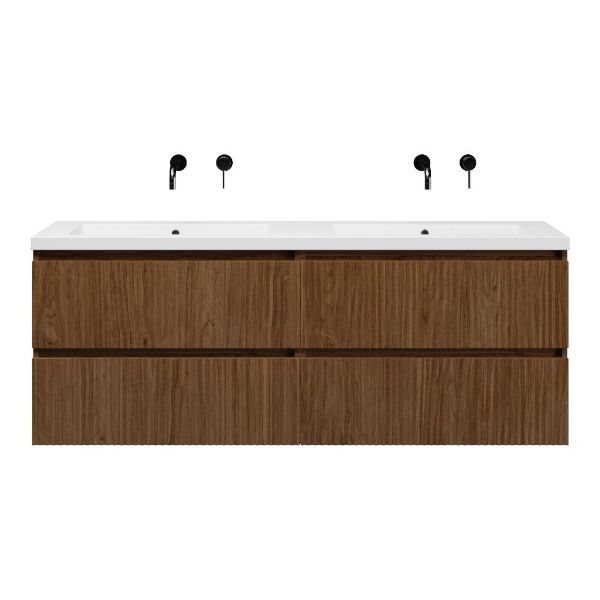 Texel Katwijk/Cadzand badmeubel 160x46 4 softclose laden met ribbel - latjes structuur warm noten greeploos polystone dubbele wastafel wit zonder kraangaten