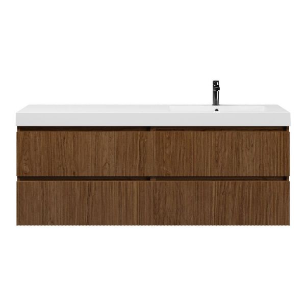 Texel Katwijk/Cadzand badmeubel 160x46 4 softclose laden met ribbel - latjes structuur warm noten greeploos polystone enkele wastafel rechts wit met 1 kraangat