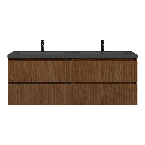 Texel Katwijk/Cadzand badmeubel 160x46 4 softclose laden met ribbel - latjes structuur warm noten greeploos polystone dubbele wastafel mat grijs 2 kraangaten