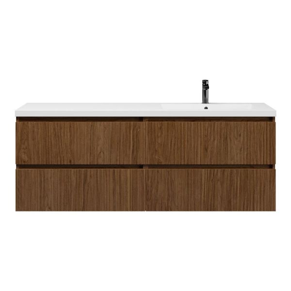 Texel Katwijk/Cadzand badmeubel 160x46 4 softclose laden met ribbel - latjes structuur warm noten greeploos polystone enkele wastafel rechts wit met 1 kraangat