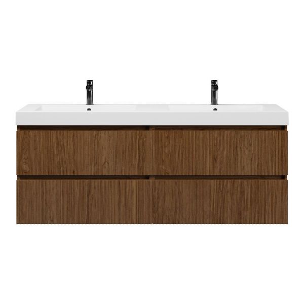 Texel Katwijk/Cadzand badmeubel 160x46 4 softclose laden met ribbel - latjes structuur warm noten greeploos polystone dubbele wastafel wit 2 kraangaten