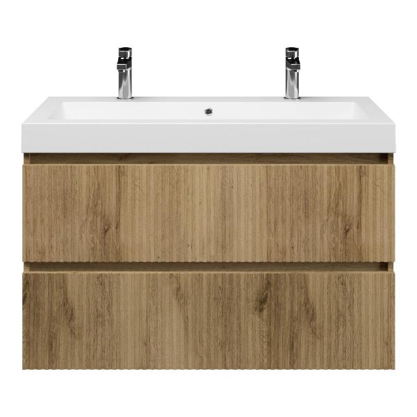 Texel Katwijk/Cadzand-Q badmeubel 100x46 2 softclose laden met ribbel - latjes structuur warm eiken greeploos quartz wastafel mat wit met 2 kraangaten