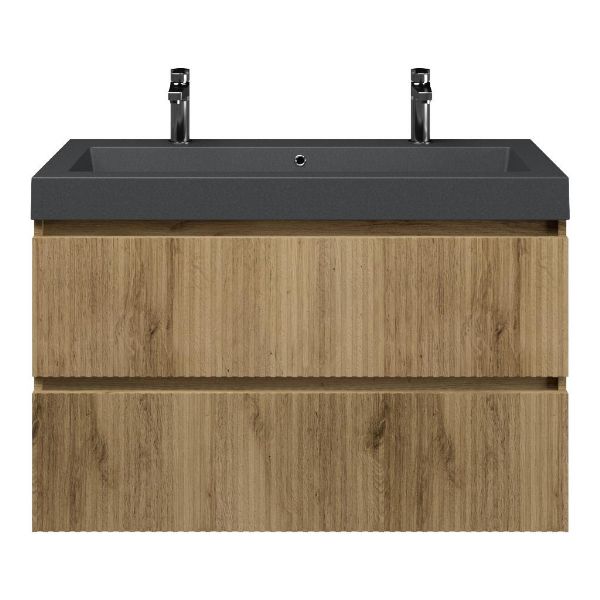 Texel Katwijk/Cadzand-Q badmeubel 100x46 2 softclose laden met ribbel - latjes structuur warm eiken greeploos quartz wastafel mat grijs met 2 kraangaten