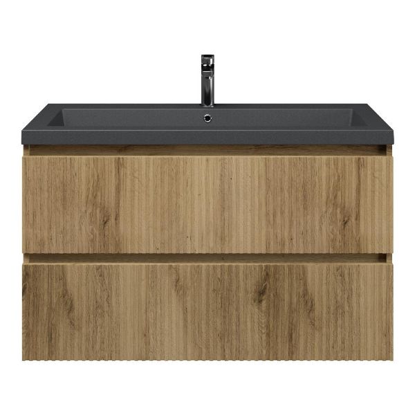 Texel Katwijk/Cadzand-Q badmeubel 100x46 2 softclose laden met ribbel - latjes structuur warm eiken greeploos quartz wastafel mat grijs met 1 kraangat