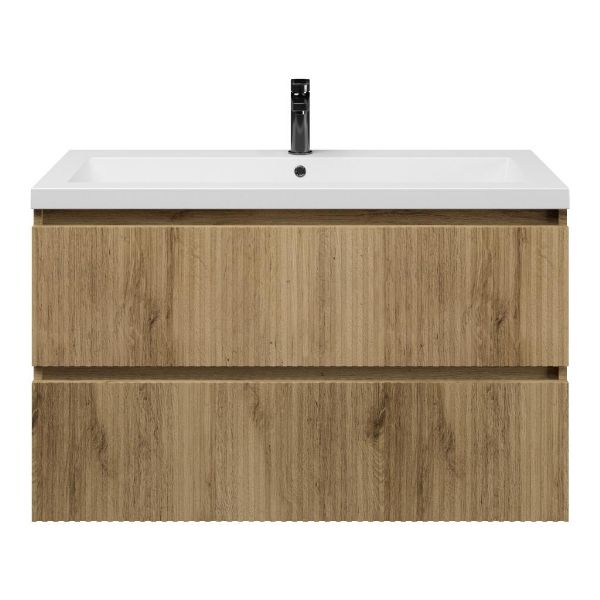 Texel Katwijk/Cadzand-Q badmeubel 100x46 2 softclose laden met ribbel - latjes structuur warm eiken greeploos quartz wastafel mat wit zonder kraangat