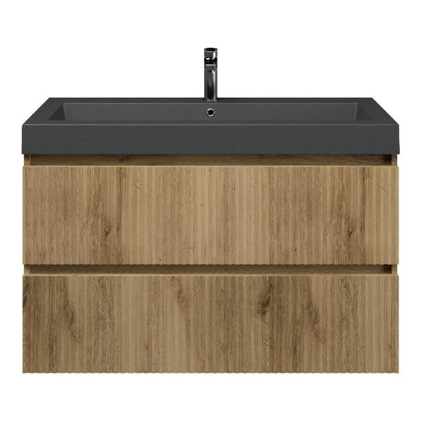 Texel Katwijk/Cadzand-Q badmeubel 100x46 2 softclose laden met ribbel - latjes structuur warm eiken greeploos quartz wastafel mat grijs met 1 kraangat