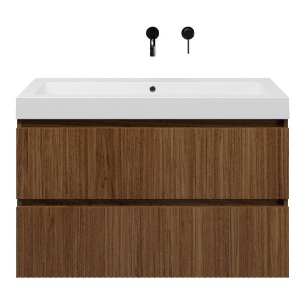 Texel Katwijk/Cadzand-Q badmeubel 100x46 2 softclose laden warm noten met ribbel - latjes structuurmet ribbel - latjes structuur warm noten greeploos quartz wastafel mat wit zonder kraangaten