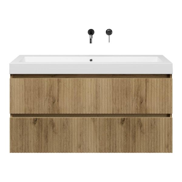 Texel Katwijk/Cadzand-Q badmeubel 120x46 2 softclose laden met ribbel - latjes structuur warm eiken greeploos quartz wastafel mat wit zonder kraangaten