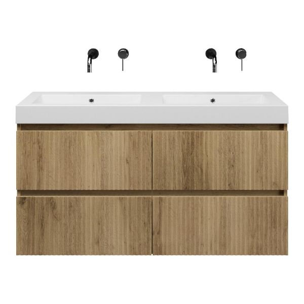 Texel Katwijk/Cadzand-Q badmeubel 120x46 4 softclose laden met ribbel - latjes structuur warm eiken greeploos quartz wastafel dubbel mat wit zonder kraangaten