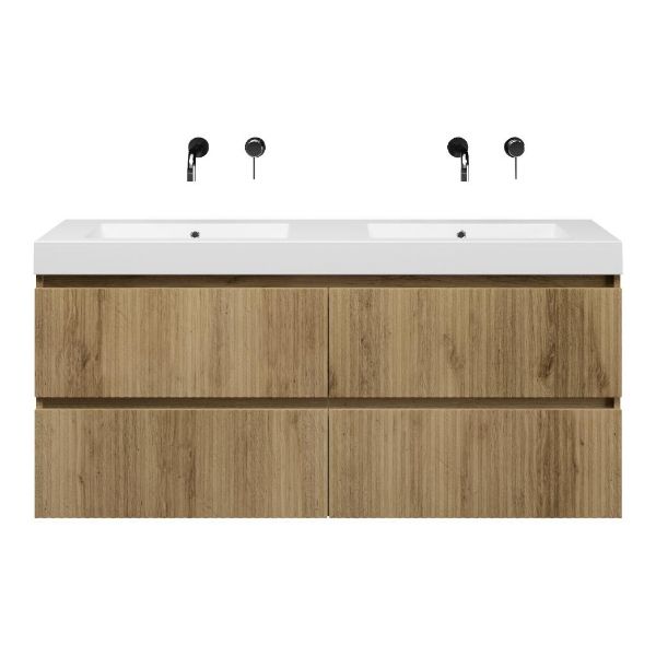 Texel Katwijk/Cadzand-Q badmeubel 140x46 4 softclose laden met ribbel - latjes structuur warm eiken greeploos quartz wastafel dubbel mat wit zonder kraangaten