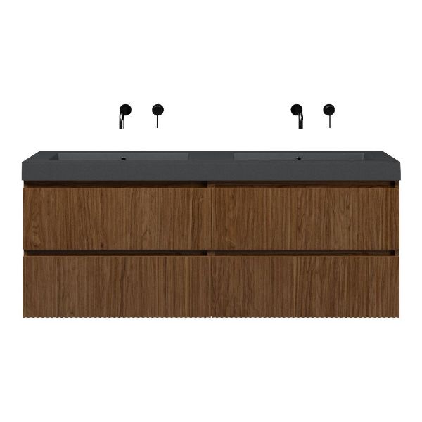 Texel Katwijk/Cadzand-Q badmeubel 160x46 4 softclose laden met ribbel - latjes structuur warm noten greeploos quartz dubbele wastafel mat grijs zonder kraangaten