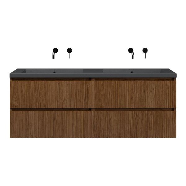 Texel Katwijk/Cadzand-Q badmeubel 160x46 4 softclose laden met ribbel - latjes structuur warm noten greeploos quartz dubbele wastafel mat grijs zonder kraangaten
