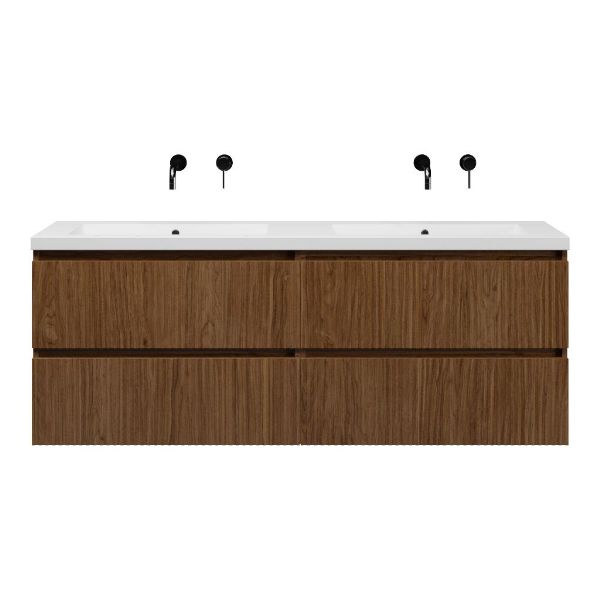 Texel Katwijk/Cadzand-Q badmeubel 160x46 4 softclose laden met ribbel - latjes structuur warm noten greeploos quartz dubbele wastafel mat wit zonder kraangaten