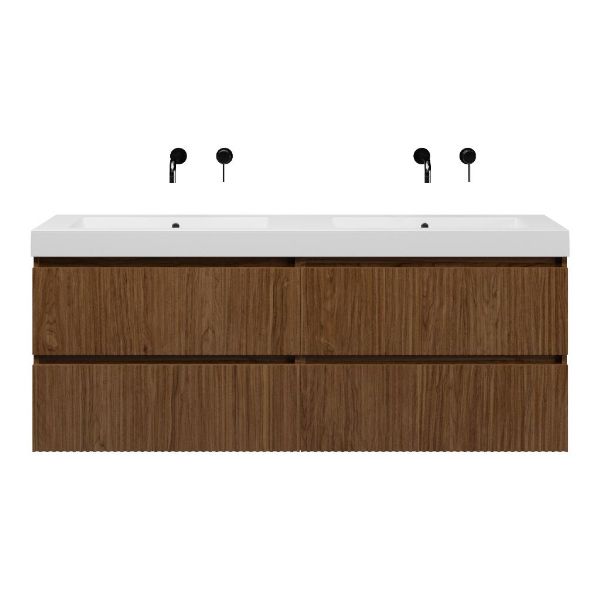 Texel Katwijk/Cadzand-Q badmeubel 160x46 4 softclose laden met ribbel - latjes structuur warm noten greeploos quartz dubbele wastafel mat wit zonder kraangaten