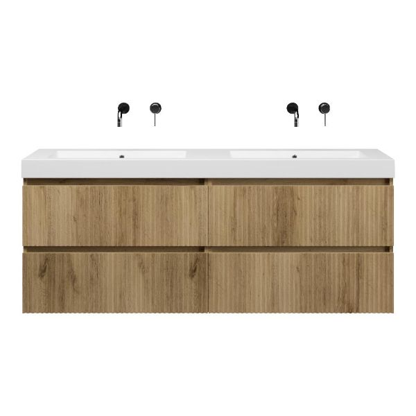 Texel Katwijk/Cadzand-Q badmeubel 160x46 4 softclose laden met ribbel - latjes structuur warm eiken greeploos quartz dubbele wastafel mat wit zonder kraangaten