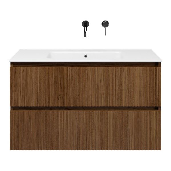 Texel Katwijk/Callantsoog badmeubel 100x46 2 softclose laden met ribbel - latjes structuur warm noten greeploos keramische wastafel wit zonder kraangat