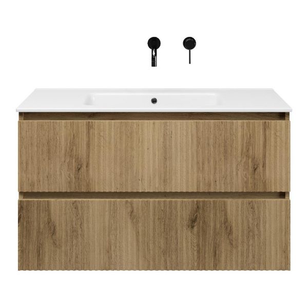 Texel Katwijk/Callantsoog badmeubel 100x46 2 softclose laden met ribbel - latjes structuur warm eiken greeploos keramische wastafel wit zonder kraangaten