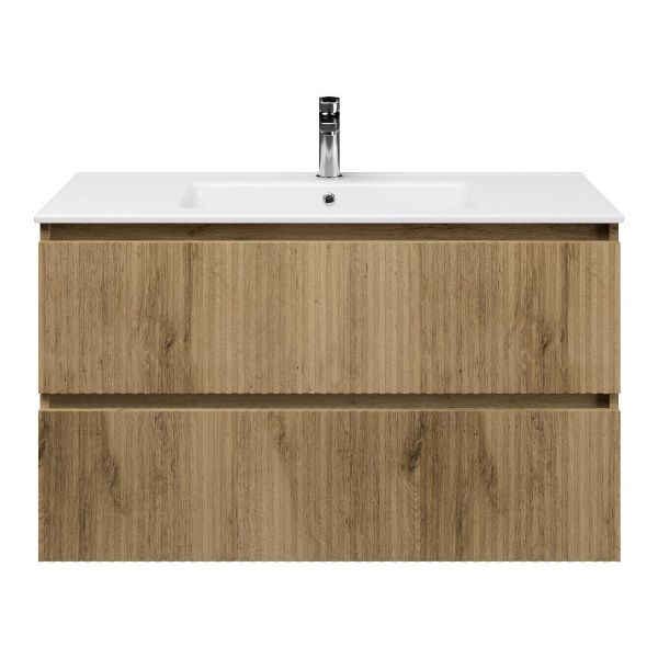 Texel Katwijk/Callantsoog badmeubel 100x46 2 softclose laden met ribbel - latjes structuur warm eiken greeploos keramische wastafel wit met 1 kraangat