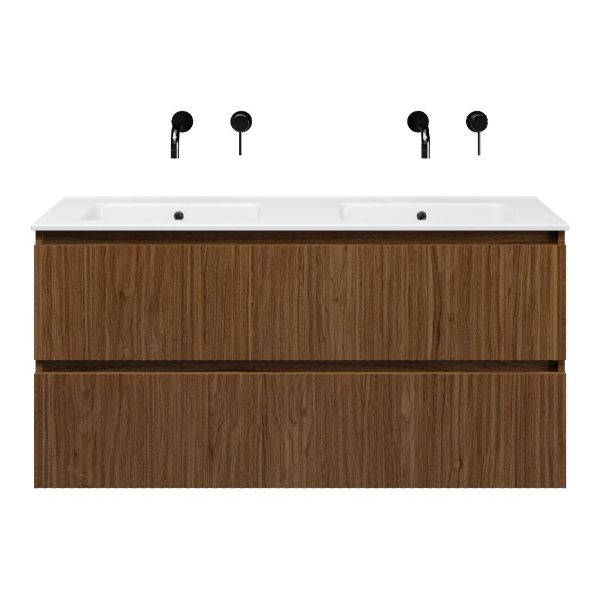 Texel Katwijk/Callantsoog badmeubel 120x46 2 softclose laden met ribbel - latjes structuur warm noten greeploos keramisch wastafel dubbel wit zonder kraangaten