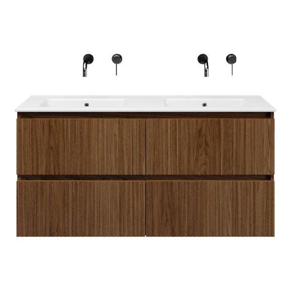 Texel Katwijk/Callantsoog badmeubel 120x46 4 softclose laden met ribbel - latjes structuur warm noten greeploos keramische wastafel dubbel wit zonder kraangaten