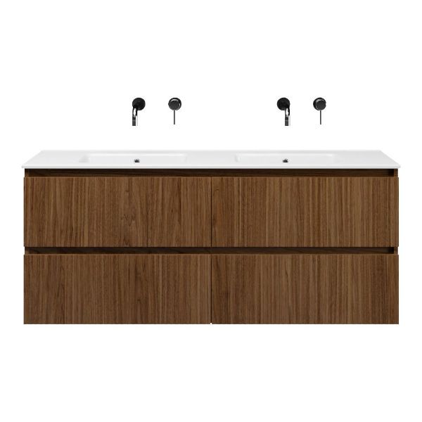 Texel Katwijk/Callantsoog badmeubel 140x46 4 softclose laden met ribbel - latjes structuur warm noten greeploos keramische wastafel dubbel wit zonder kraangat