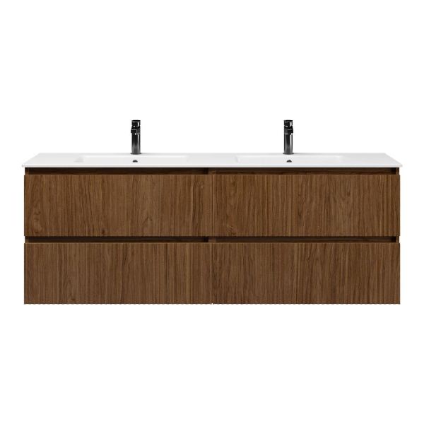 Texel Katwijk/Callantsoog badmeubel 160x46 4 softclose laden met ribbel - latjes structuur warm noten greeploos keramiek dubbele wastafel wit 2 kraangaten