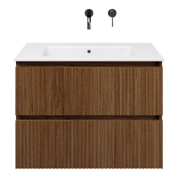 Texel Katwijk/Callantsoog badmeubel 80x46 2 softclose laden met ribbel - latjes structuur warm noten greeploos keramische wastafel wit zonder kraangaten