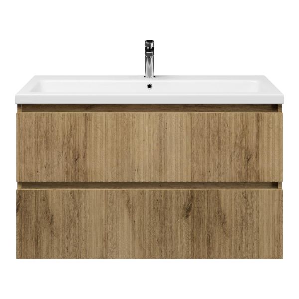 Texel Katwijk/Dishoek badmeubel 100x46 2 softclose laden met ribbel - latjes structuur warm eiken greeploos keramische wastafel wit glans met 1 kraangat