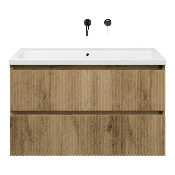 Texel Katwijk/Dishoek badmeubel 100x46 2 softclose laden met ribbel - latjes structuur warm eiken greeploos keramische wastafel wit glans zonder kraangat