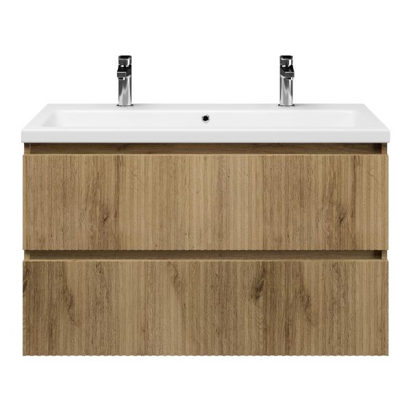 Texel Katwijk/Dishoek badmeubel 100x46 2 softclose laden met ribbel - latjes structuur warm eiken greeploos keramische wastafel wit glans met 2 kraangaten