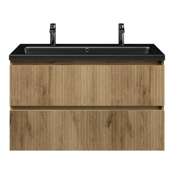 Texel Katwijk/Dishoek badmeubel 100x46 2 softclose laden met ribbel - latjes structuur warm eiken greeploos keramische wastafel zwart mat met 2 kraangaten