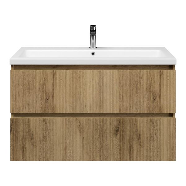 Texel Katwijk/Dishoek badmeubel 100x46 2 softclose laden met ribbel - latjes structuur warm eiken greeploos keramische wastafel wit mat met 1 kraangat