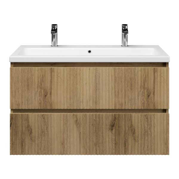 Texel Katwijk/Dishoek badmeubel 100x46 2 softclose laden met ribbel - latjes structuur warm eiken greeploos keramische wastafel wit mat met 2 kraangaten