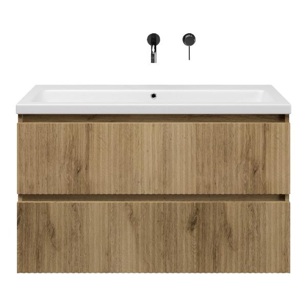 Texel Katwijk/Dishoek badmeubel 100x46 2 softclose laden met ribbel - latjes structuur warm eiken greeploos keramische wastafel wit mat zonder kraangat