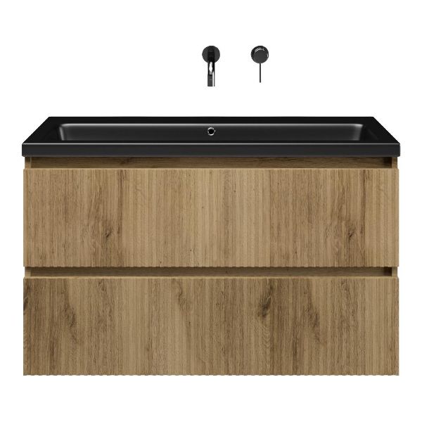Texel Katwijk/Dishoek badmeubel 100x46 2 softclose laden met ribbel - latjes structuur warm eiken greeploos keramische wastafel mat zwart zonder kraangat