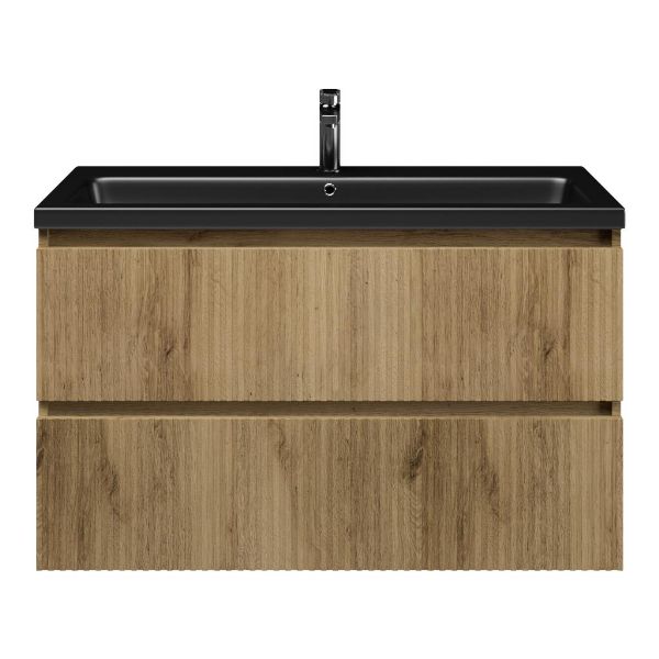 Texel Katwijk/Dishoek badmeubel 100x46 2 softclose laden met ribbel - latjes structuur warm eiken greeploos keramische wastafel zwart mat met 1 kraangat